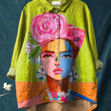 Amélia | T-shirt Descontraída com Retrato de Frida em Estampado a Óleo