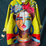 Amélia | T-shirt Descontraída com Retrato de Frida em Estampado a Óleo