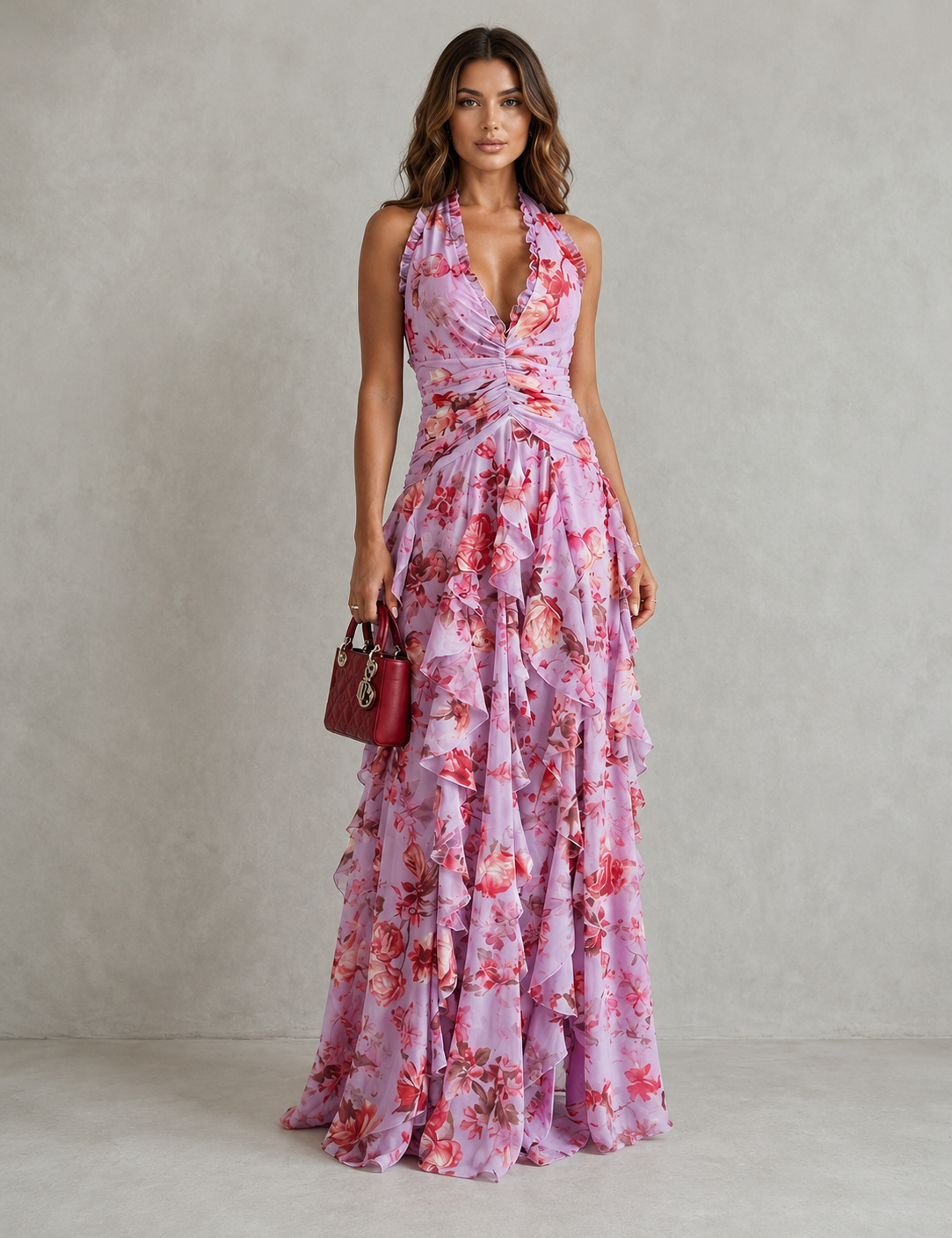 Betina | Cascata Romântica de Rosas – Vestido Longo com Decote Halter