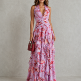 Betina | Cascata Romântica de Rosas – Vestido Longo com Decote Halter