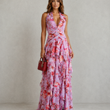 Betina | Cascata Romântica de Rosas – Vestido Longo com Decote Halter