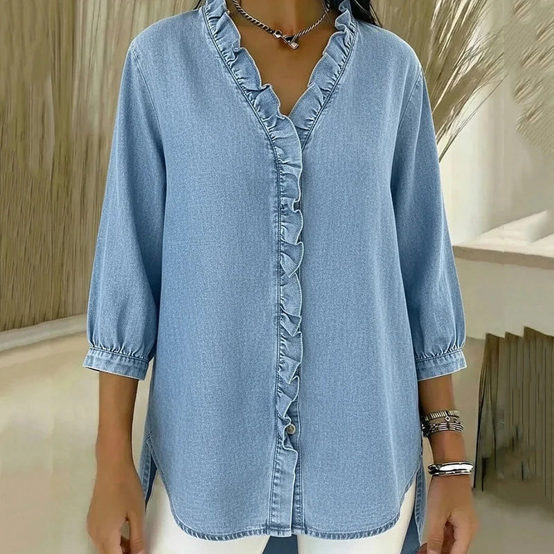 Blusa de V com Renda e Toque Suave