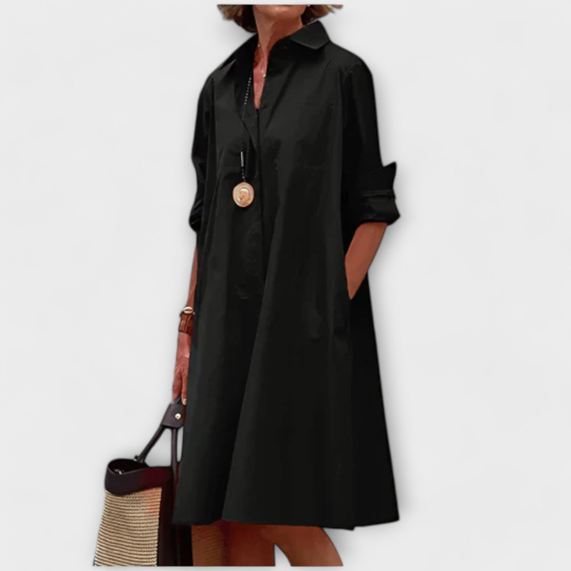 Olga - Vestido Camisa Moderno com Gola e Mangas 3/4