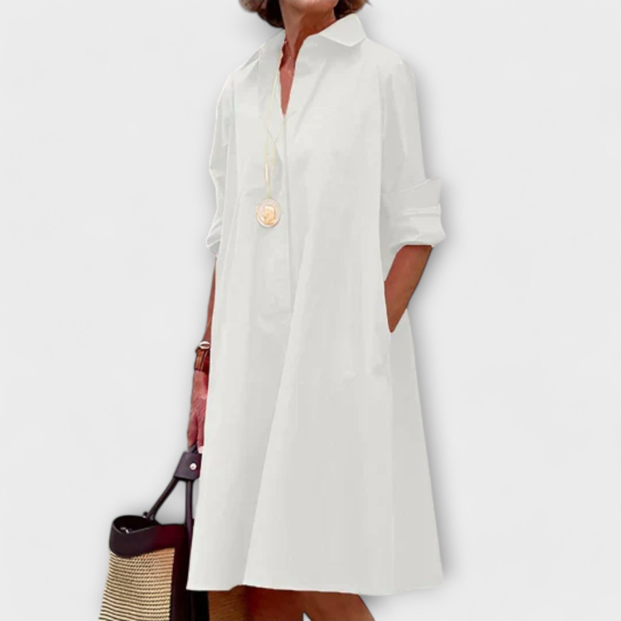 Olga - Vestido Camisa Moderno com Gola e Mangas 3/4