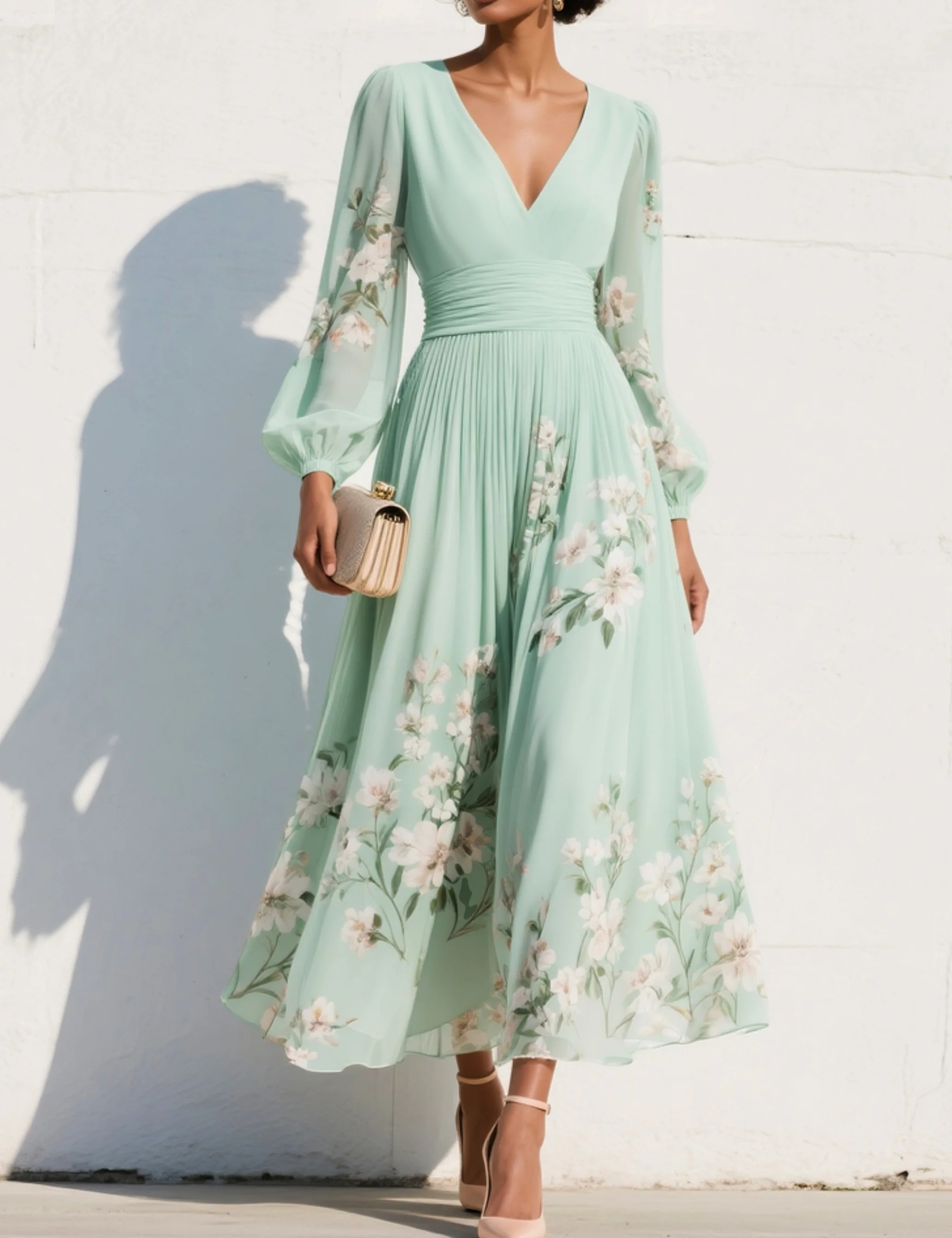 Gisela | Vestido Midi Floral em Verde Claro