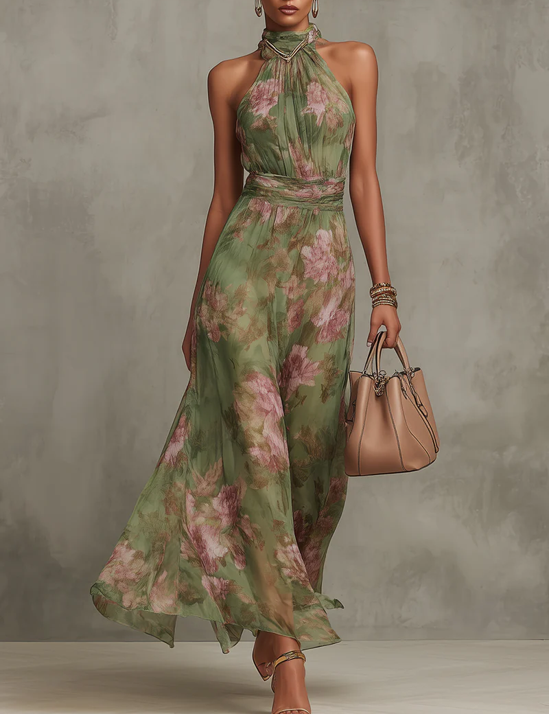 Lívia | Maxi Vestido Floral Elegante com Decote Halter