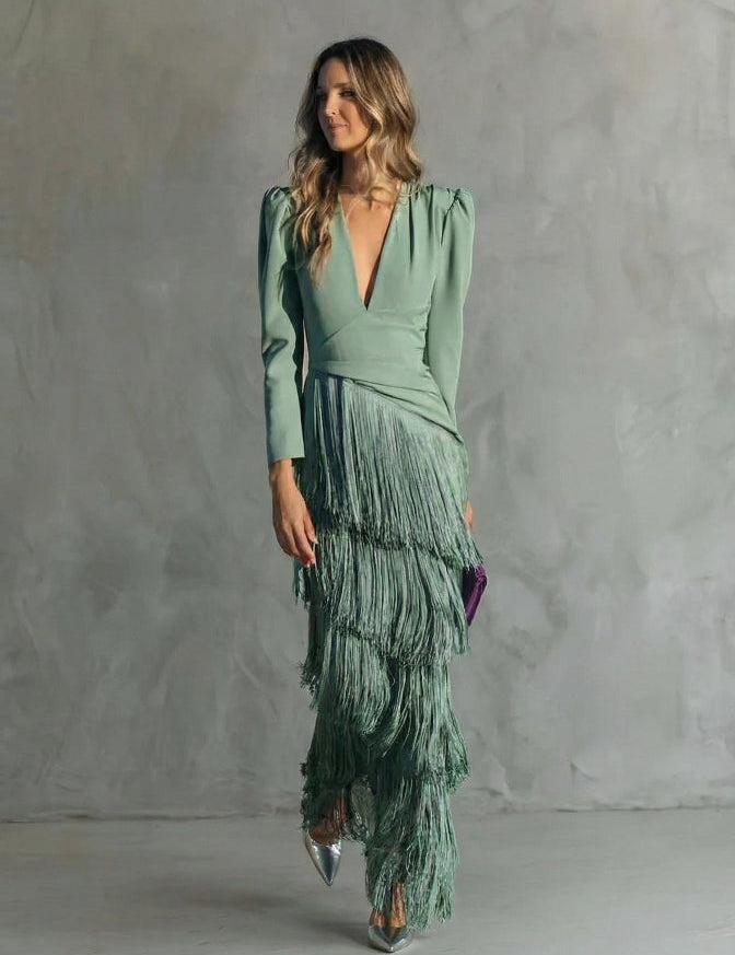 Clara | Vestido Elegante com Mangas de Franjas