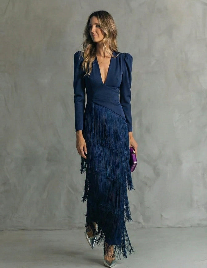 Clara | Vestido Elegante com Mangas de Franjas