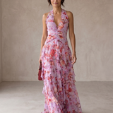 Betina | Cascata Romântica de Rosas – Vestido Longo com Decote Halter