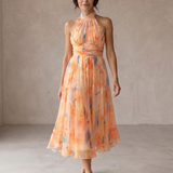 Aurélia | Vestido com Decote Halter e Estampado Aquarela